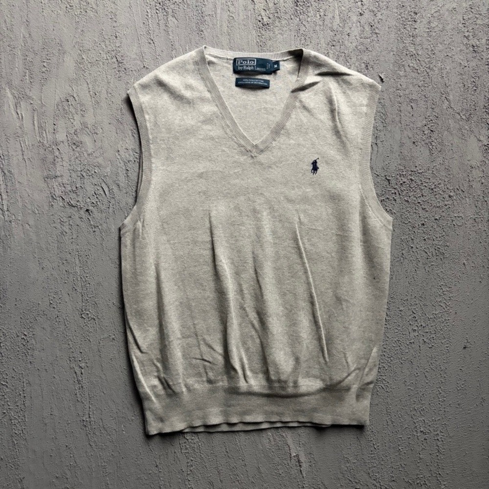Vintage Polo Ralph Lauren Sweater Vest Medium Beige 90s Pima Cotton V-Neck